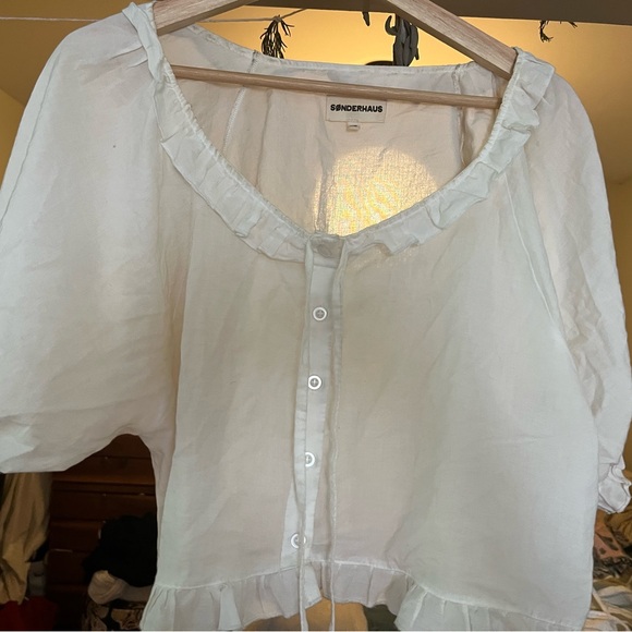 White Ruffle Button-Up Women's Top - Picture 1 of 2